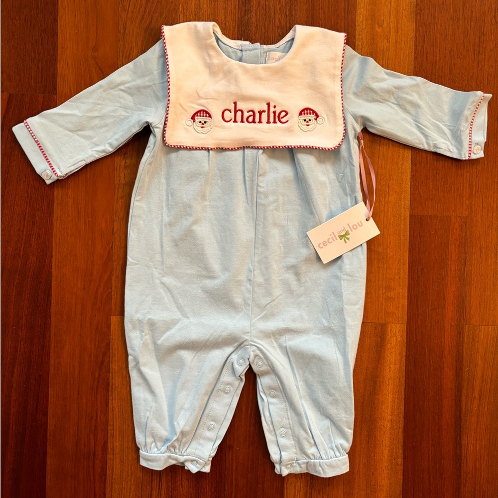 NWT - Cecil and Lou “Charlie” monogrammed Santa long romper